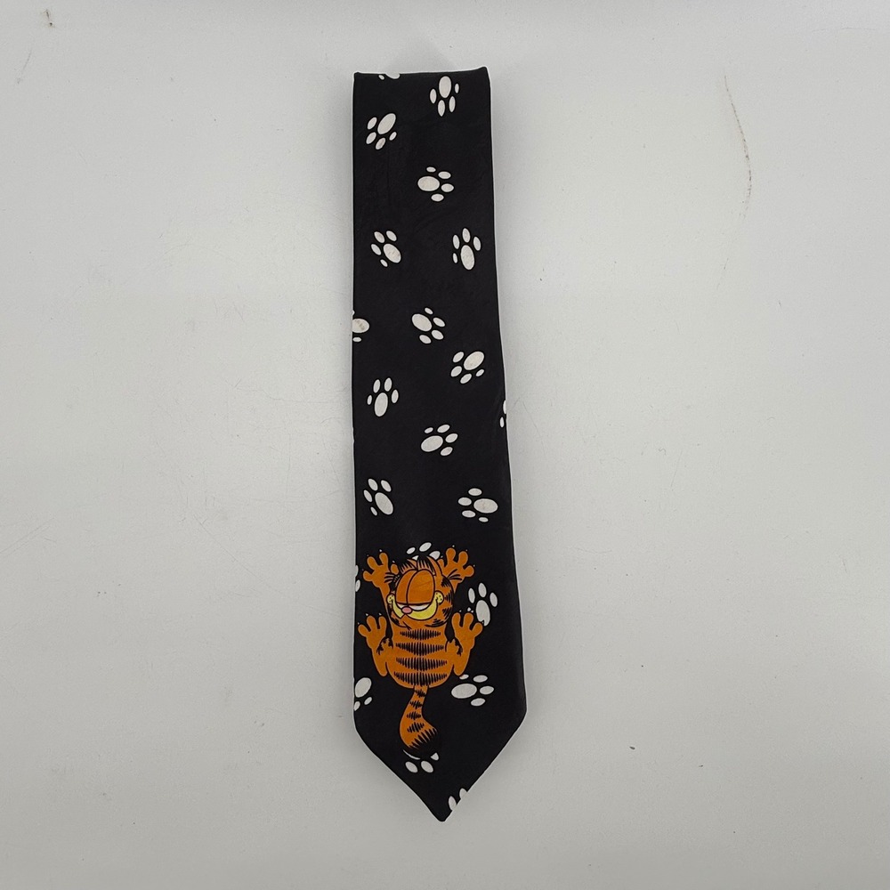 Vintage Garfield Paws Addiction Black Paw Print Graphic Necktie Mens Accessory